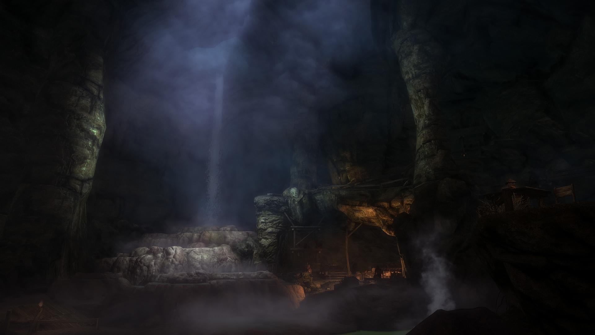 A large hot spring waterfall in a cave